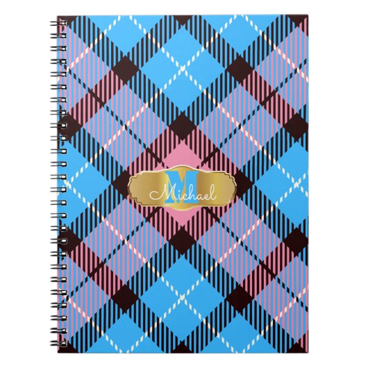 Gepersonaliseerde monogram Naam Roze Blauw Tartan Notitieboek (Voorkant)