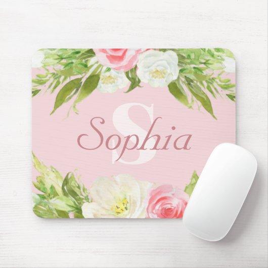 Gepersonaliseerde monogram Naam Roze Waterverf Flo Muismat (Met muis)