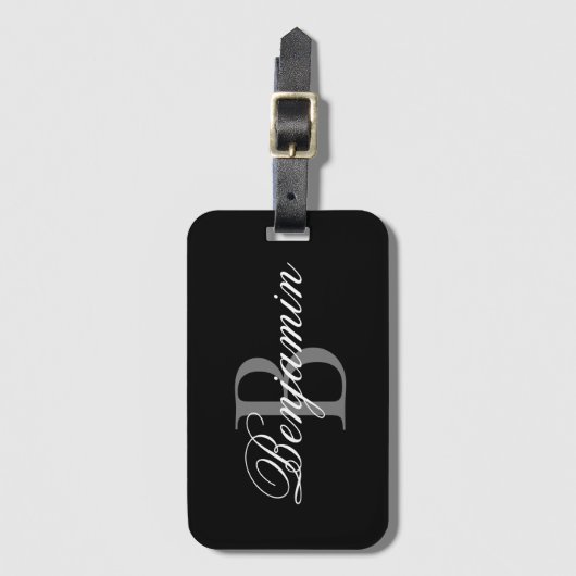 Gepersonaliseerde monogram naam zwart en grijs bagagelabel (Voorkant (verticaal))