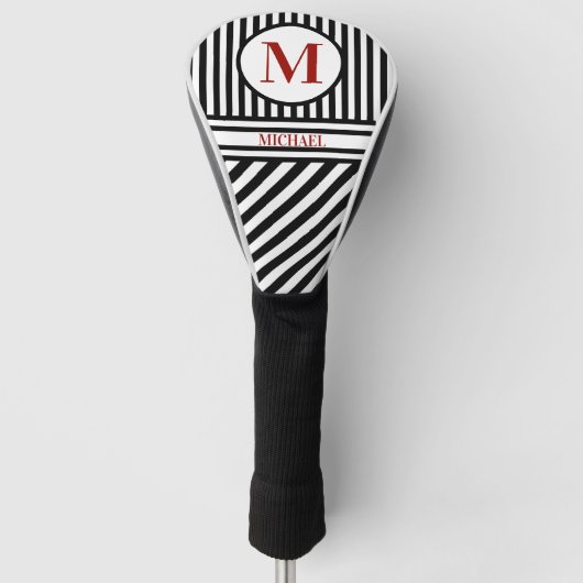 Gepersonaliseerde monogram Naam Zwart wit Rood Golfheadcover (Voorkant)