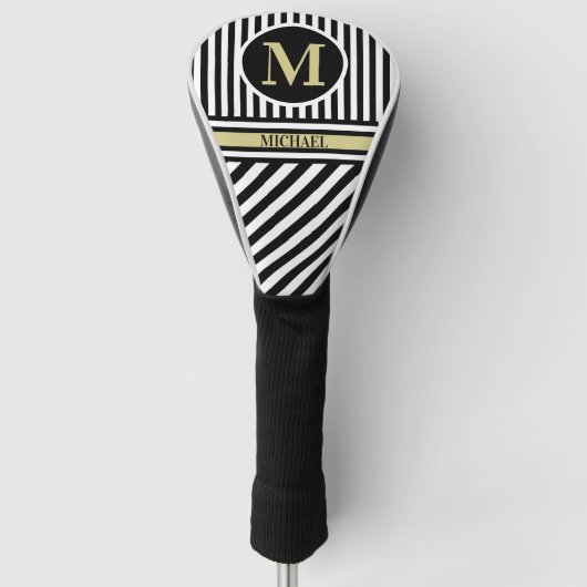 Gepersonaliseerde monogram naam Zwarte Witte Strip Golfheadcover (Voorkant)