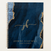 Gepersonaliseerde Monogram Navy Blue Gold Agate 20 Planner (Voorkant)
