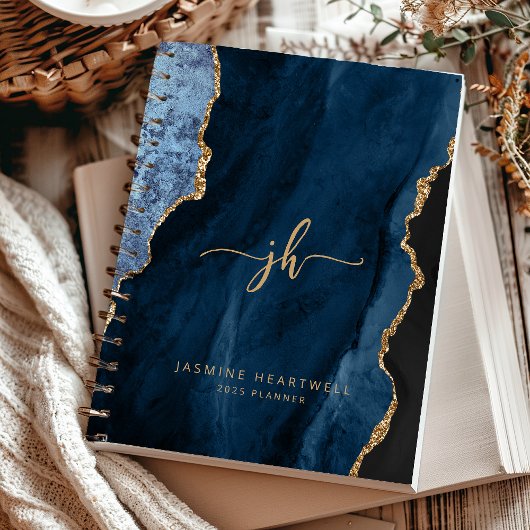 Gepersonaliseerde Monogram Navy Blue Gold Agate 20 Planner