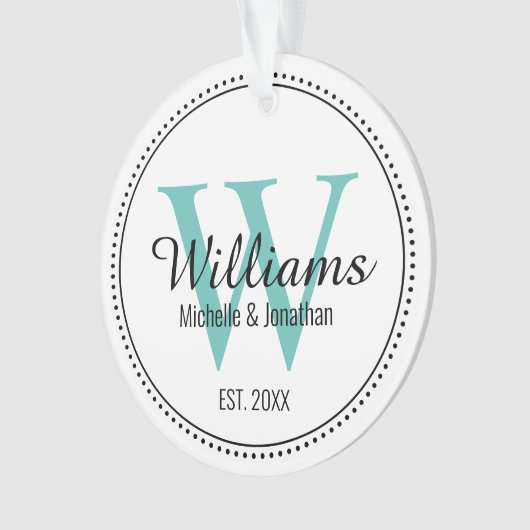 Gepersonaliseerde Monogram Pas getrouwd Blauwgroen Ornament (voorkant)