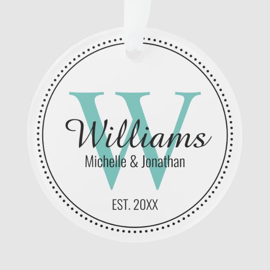 Gepersonaliseerde Monogram Pas getrouwd Blauwgroen Ornament (voorkant)