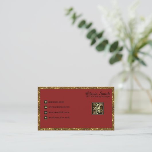 Gepersonaliseerde Monogram Red Gold Glitter QR Cod Visitekaartje (Staand voorkant)