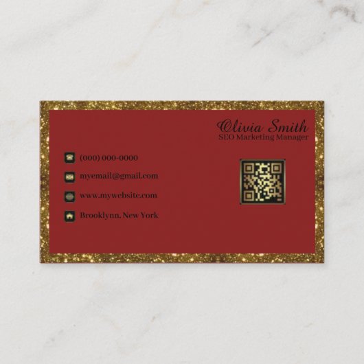 Gepersonaliseerde Monogram Red Gold Glitter QR Cod Visitekaartje (Voorkant)