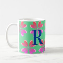 Gepersonaliseerde Monogram retro bloemengroen roze Koffiemok