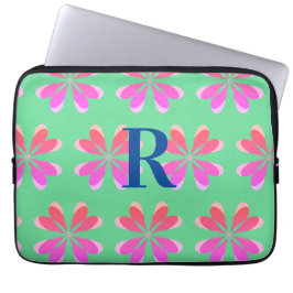 Gepersonaliseerde Monogram retro bloemengroen roze Laptop Sleeve