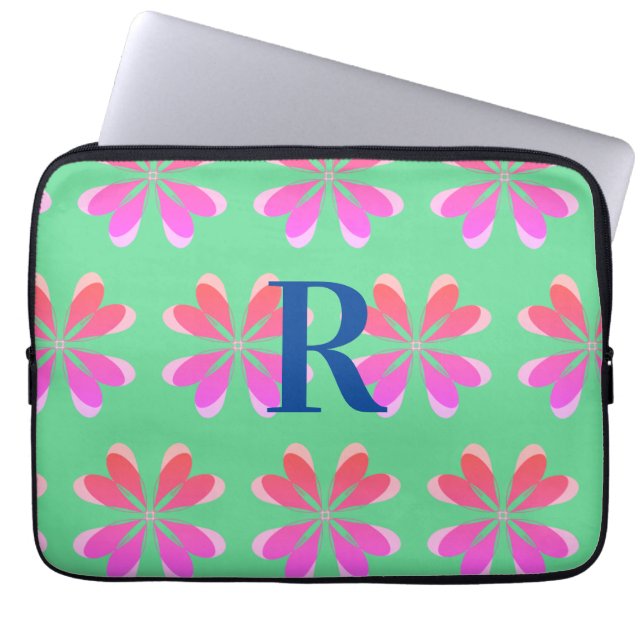 Gepersonaliseerde Monogram retro bloemengroen roze Laptop Sleeve (Voorkant)