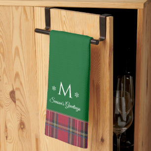 Gepersonaliseerde Monogram Rode Tartan Groene Kers Theedoek