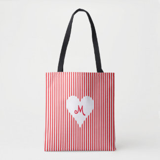 Gepersonaliseerde monogram rode witte strepen wink tote bag