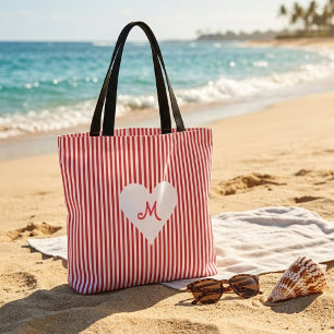 Gepersonaliseerde monogram rode witte strepen wink tote bag