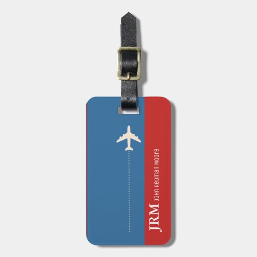 Gepersonaliseerde Monogram Rood & Blauw / Vliegtui Bagagelabel (Voorkant verticaal)