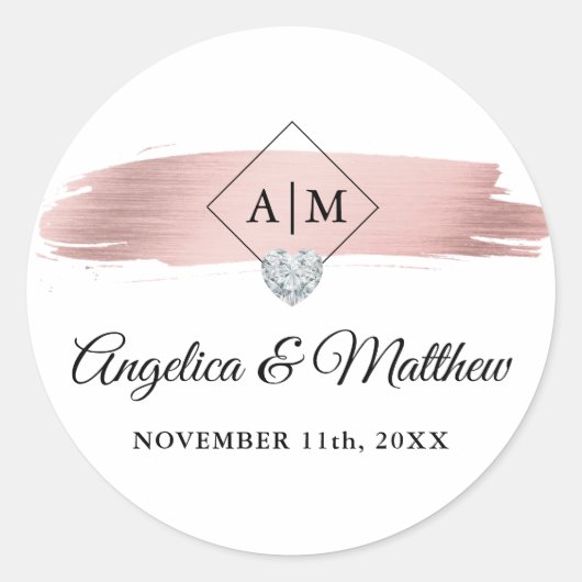 Gepersonaliseerde Monogram Roos Gouden Hart Bruilo Ronde Sticker (Voorkant)