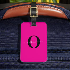 Gepersonaliseerde Monogram Script Naam Roze Zwart  Bagagelabel