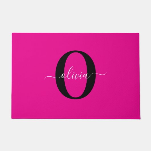 Gepersonaliseerde Monogram Script Naam Roze Zwart  Deurmat (Voorkant)
