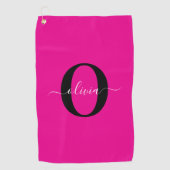 Gepersonaliseerde Monogram Script Naam Roze Zwart Golfhanddoek (Voorkant)