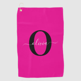 Gepersonaliseerde Monogram Script Naam Roze Zwart  Golfhanddoek