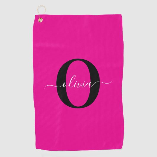 Gepersonaliseerde Monogram Script Naam Roze Zwart  Golfhanddoek (Voorkant)