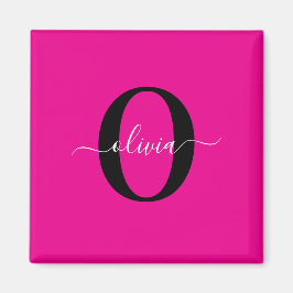 Gepersonaliseerde Monogram Script Naam Roze Zwart  Magneet