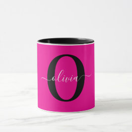 Gepersonaliseerde Monogram Script Naam Roze Zwart  Mok