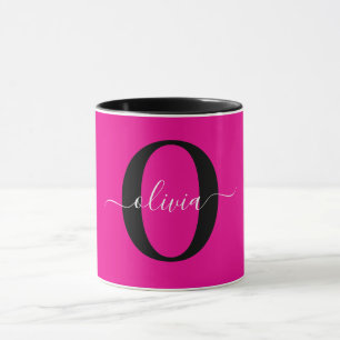 Gepersonaliseerde Monogram Script Naam Roze Zwart  Mok