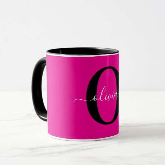 Gepersonaliseerde Monogram Script Naam Roze Zwart  Mok (Voorkant links)