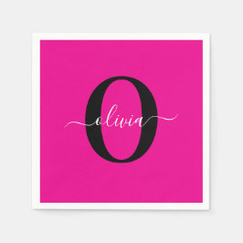 Gepersonaliseerde Monogram Script Naam Roze Zwart  Servet
