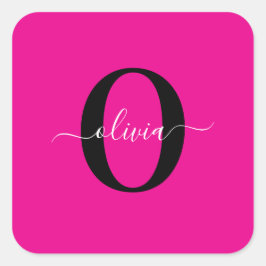 Gepersonaliseerde Monogram Script Naam Roze Zwart  Vierkante Sticker