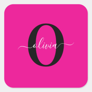 Gepersonaliseerde Monogram Script Naam Roze Zwart  Vierkante Sticker