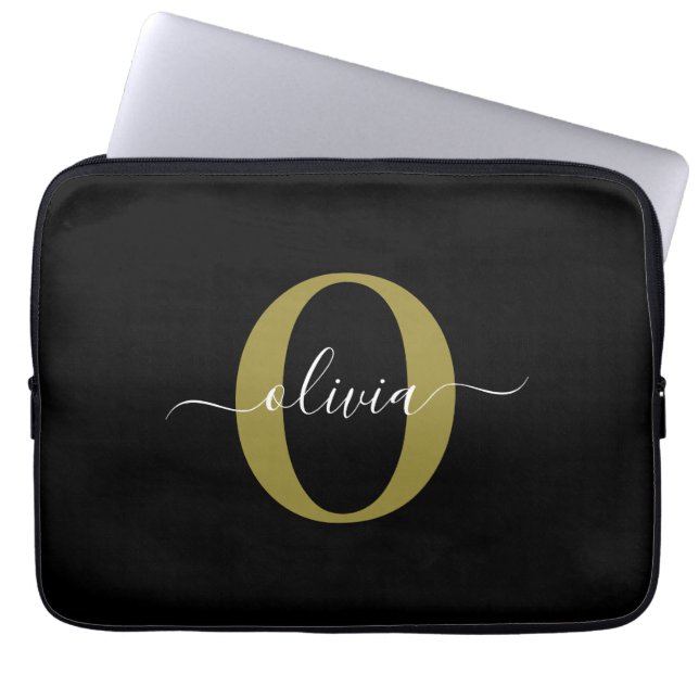 Gepersonaliseerde Monogram Script Naam Zwart Wit G Laptop Sleeve (Voorkant)