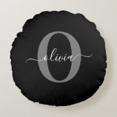 Gepersonaliseerde monogram scriptnaam zwart wit gr rond kussen (Voorkant)