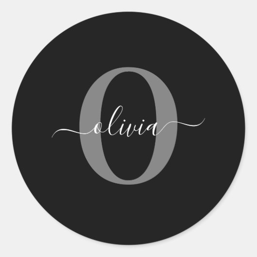 Gepersonaliseerde monogram scriptnaam zwart wit gr ronde sticker (Voorkant)