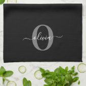 Gepersonaliseerde monogram scriptnaam zwart wit gr theedoek (Gevouwen)