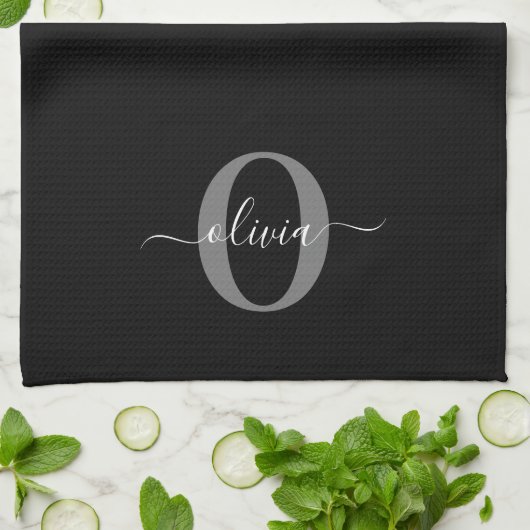 Gepersonaliseerde monogram scriptnaam zwart wit gr theedoek (Gevouwen)