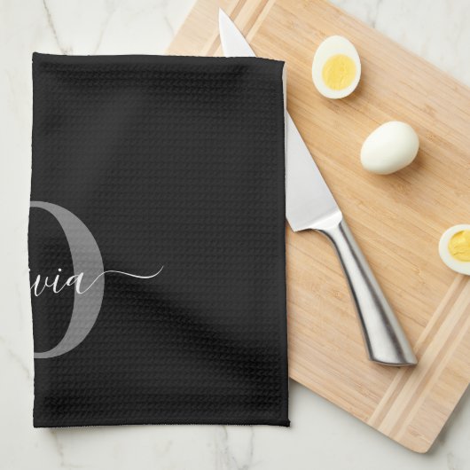 Gepersonaliseerde monogram scriptnaam zwart wit gr theedoek (Quarter Fold)