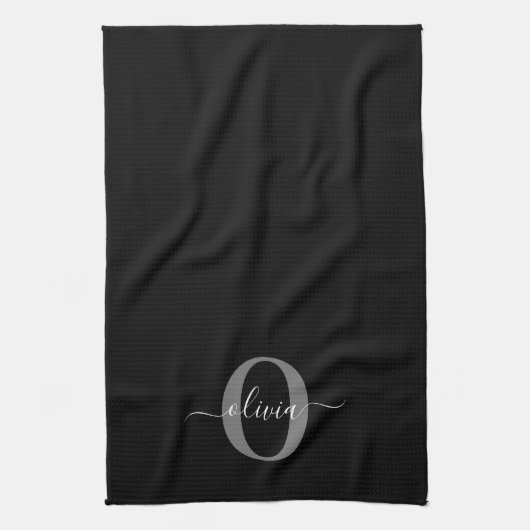 Gepersonaliseerde monogram scriptnaam zwart wit gr theedoek (Verticaal)