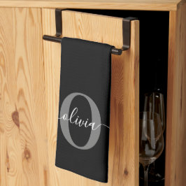Gepersonaliseerde monogram scriptnaam zwart wit gr theedoek