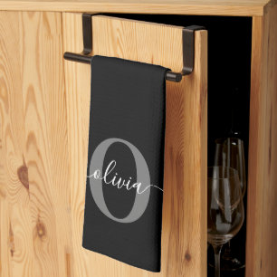 Gepersonaliseerde monogram scriptnaam zwart wit gr theedoek