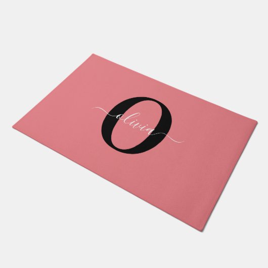 Gepersonaliseerde monogram scriptnaam zwart wit ro deurmat (Schuin)