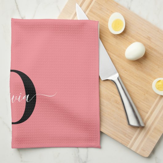 Gepersonaliseerde monogram scriptnaam zwart wit ro theedoek (Quarter Fold)