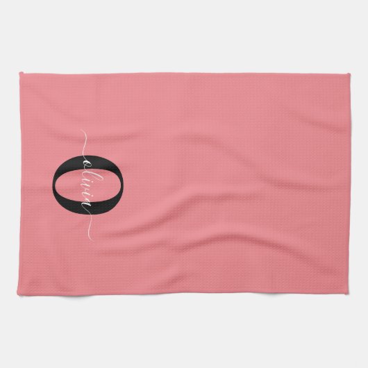 Gepersonaliseerde monogram scriptnaam zwart wit ro theedoek (Horizontaal)