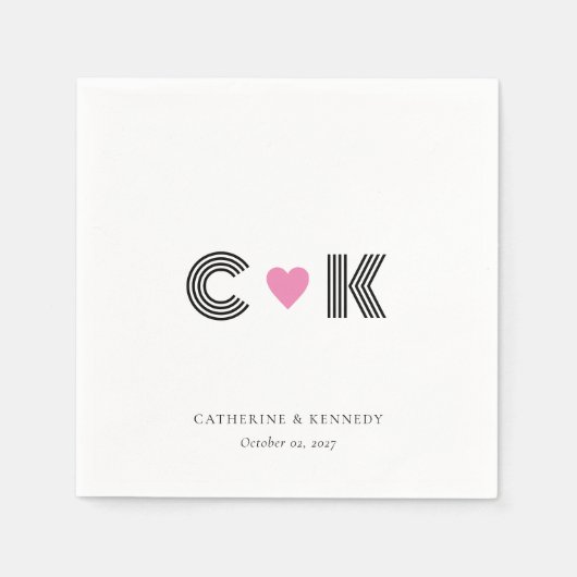 Gepersonaliseerde Monogram servetten met roze hart (Voorkant)