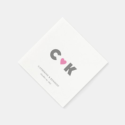 Gepersonaliseerde Monogram servetten met roze hart (Hoek)