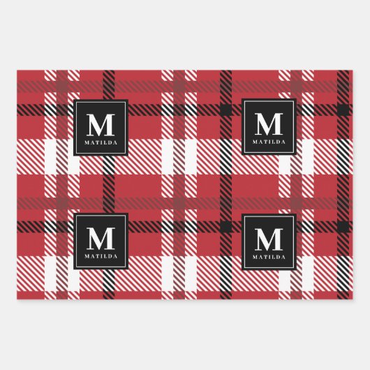 Gepersonaliseerde monogram tartan kerst inpakpapier vel (Voorkant)