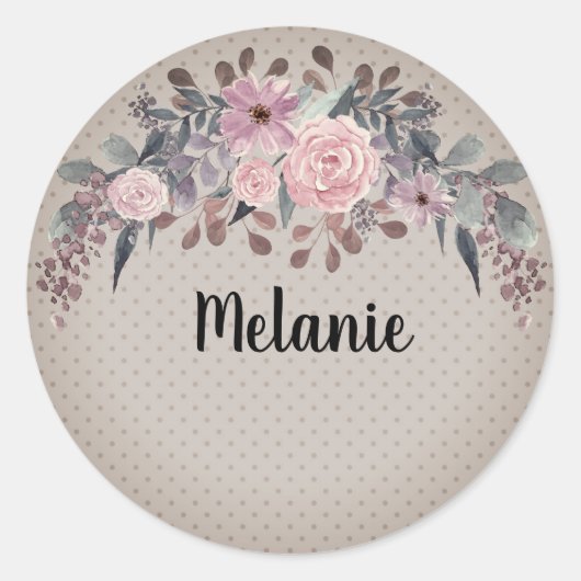 Gepersonaliseerde monogram tekst waterverf bloem ronde sticker (Voorkant)
