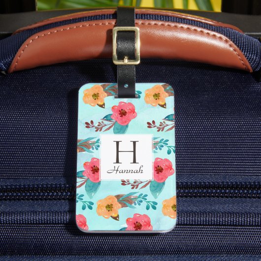 Gepersonaliseerde Monogram Tropische Bloemen Stran Bagagelabel (Voorkant Insitu 2)