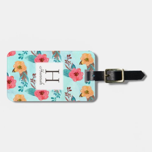Gepersonaliseerde Monogram Tropische Bloemen Stran Bagagelabel (Voorkant horizontaal)