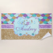 Gepersonaliseerde Monogram Zeemeermin Beach Handdo Strandlaken (Voorkant)